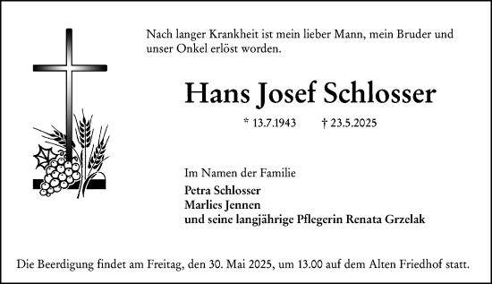 Traueranzeige von Hans Josef Schlosser von Hochheimer Zeitung