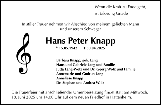 Traueranzeige von Hans Peter Knapp von Wiesbadener Kurier