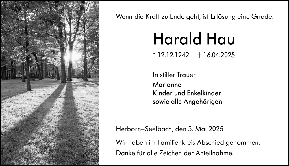  Traueranzeige für Harald Hau vom 03.05.2025 aus Dill Block