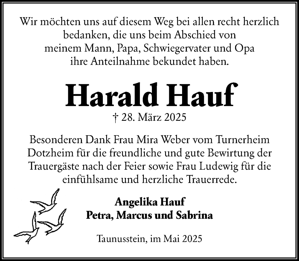  Traueranzeige für Harald Hauf vom 17.05.2025 aus Wiesbadener Kurier