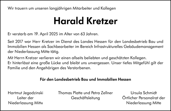 Traueranzeige von Harald Kretzer von Dill Block