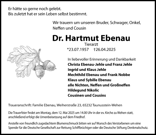 Traueranzeige von Hartmut Ebenau von Wiesbadener Kurier