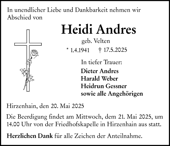 Traueranzeige von Heidi Andres von Dill Block