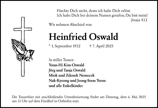 Traueranzeige von Heinfried Oswald von Wormser Zeitung