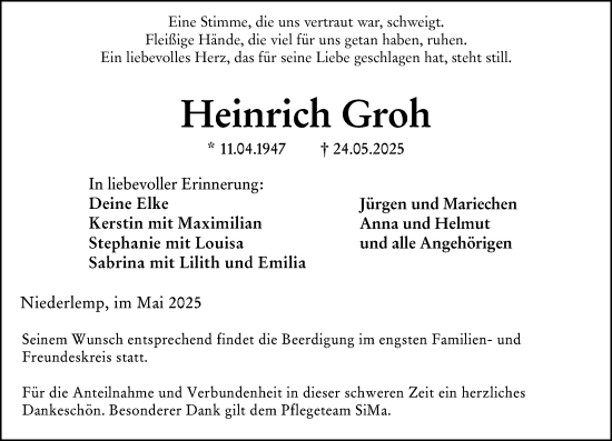 Traueranzeige von Heinrich Groh von Wetzlarer Neue Zeitung