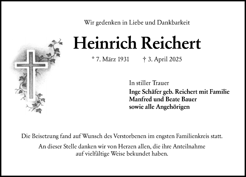  Traueranzeige für Heinrich Reichert vom 03.05.2025 aus Rüsselsheimer Echo