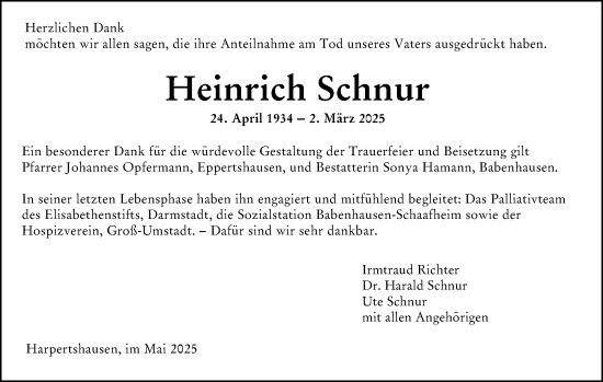 Traueranzeige von Heinrich Schnur von Darmstädter Echo
