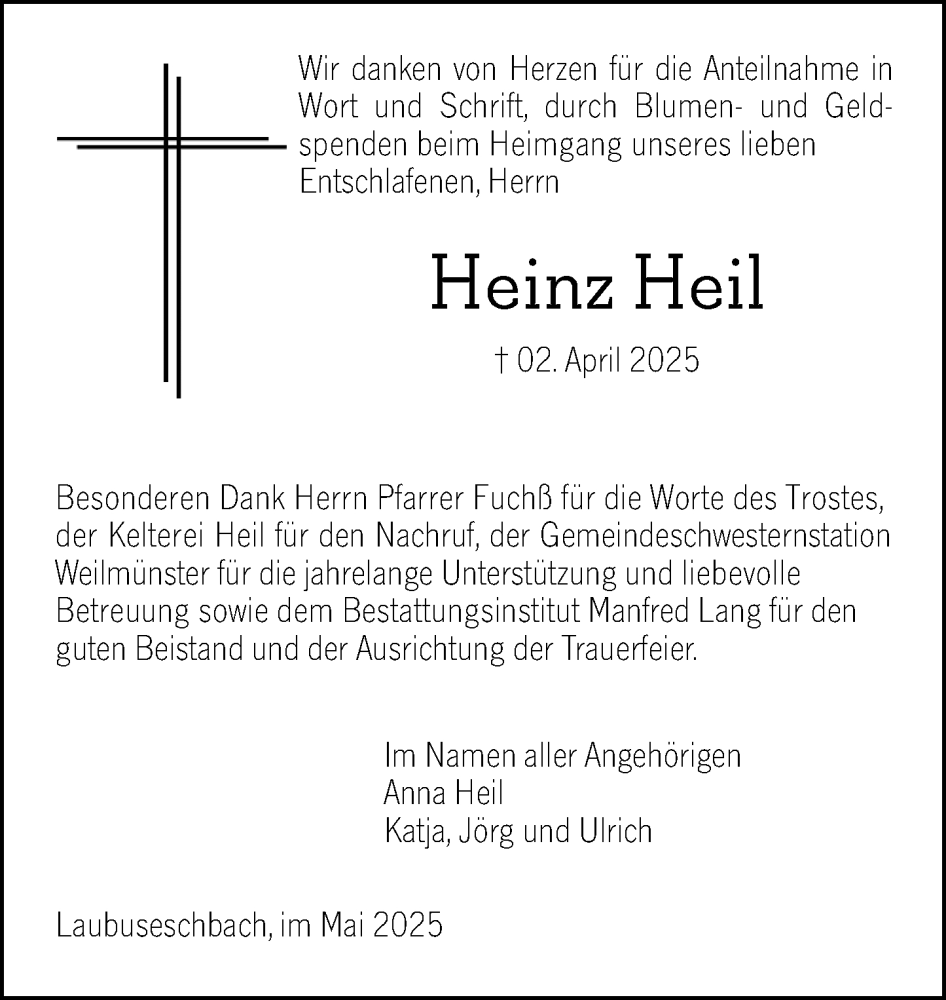  Traueranzeige für Heinz Heil vom 24.05.2025 aus Weilburger Tageblatt