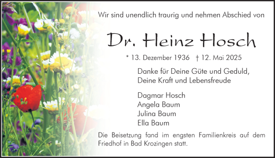Traueranzeige von Heinz Hosch von Hinterländer Anzeiger