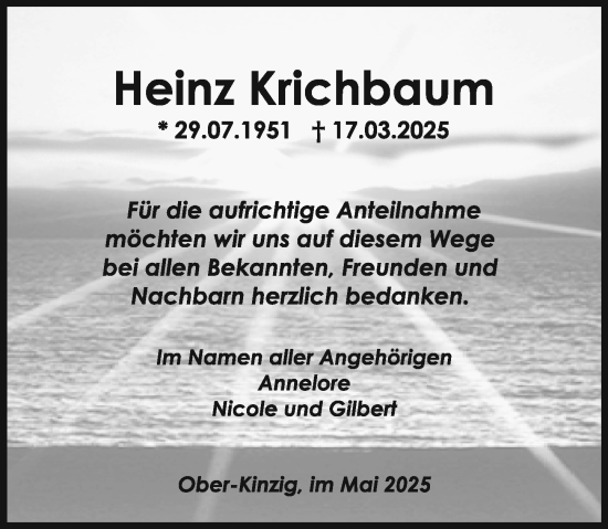 Traueranzeige von Heinz Krichbaum von Odenwälder Echo