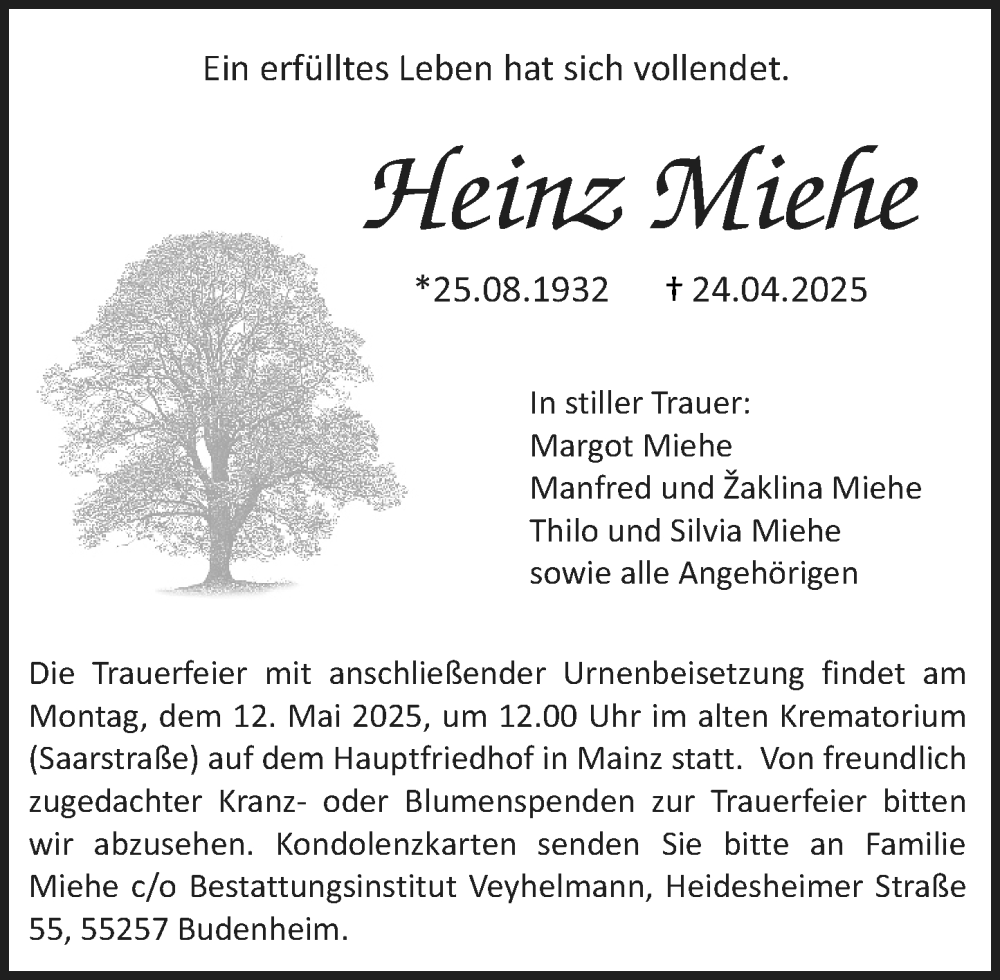  Traueranzeige für Heinz Miehe vom 03.05.2025 aus Allgemeine Zeitung Mainz