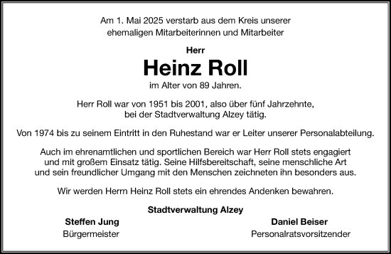 Traueranzeige von Heinz Roll von Allgemeine Zeitung Alzey
