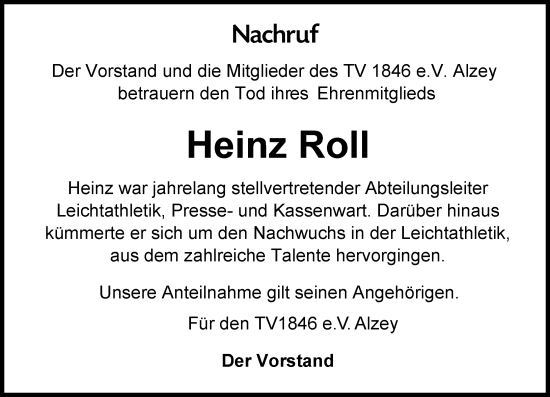 Traueranzeige von Heinz Roll von Allgemeine Zeitung Alzey