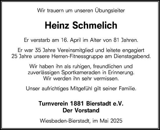 Traueranzeige von Heinz Schmelich von Wiesbadener Kurier
