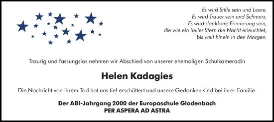 Traueranzeige von Helen Kadagies von Hinterländer Anzeiger