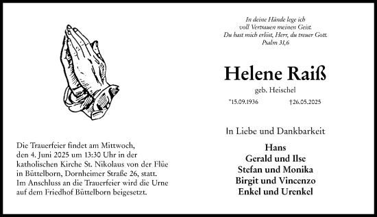 Traueranzeige von Helene Raiß von Groß-Gerauer Echo