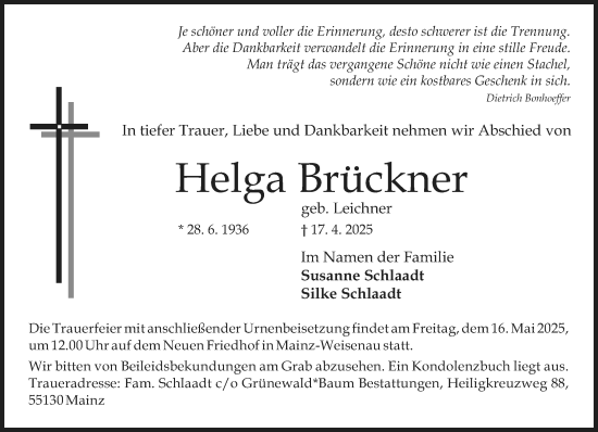 Traueranzeige von Helga Brückner von Allgemeine Zeitung Mainz