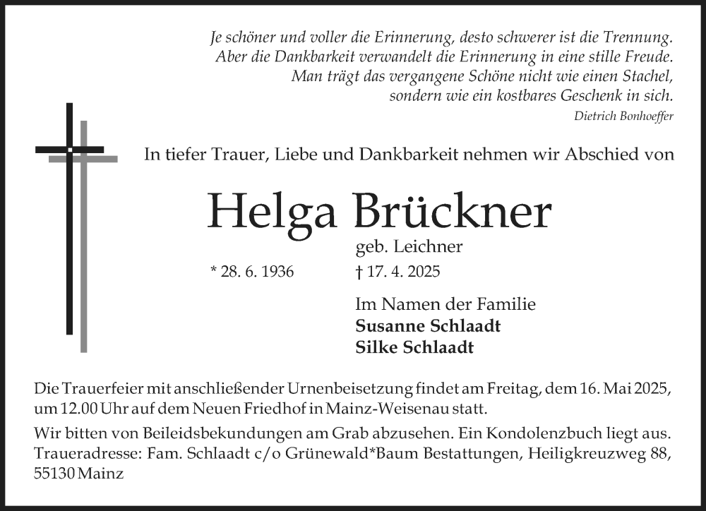  Traueranzeige für Helga Brückner vom 10.05.2025 aus Allgemeine Zeitung Mainz