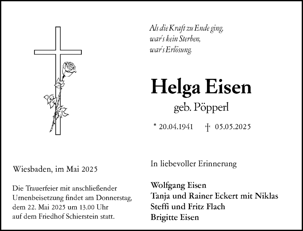  Traueranzeige für Helga Eisen vom 17.05.2025 aus Wiesbadener Kurier