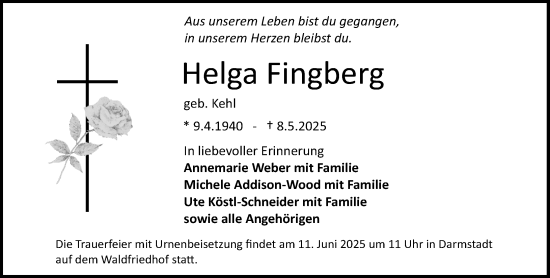 Traueranzeige von Helga Fingberg von Darmstädter Echo