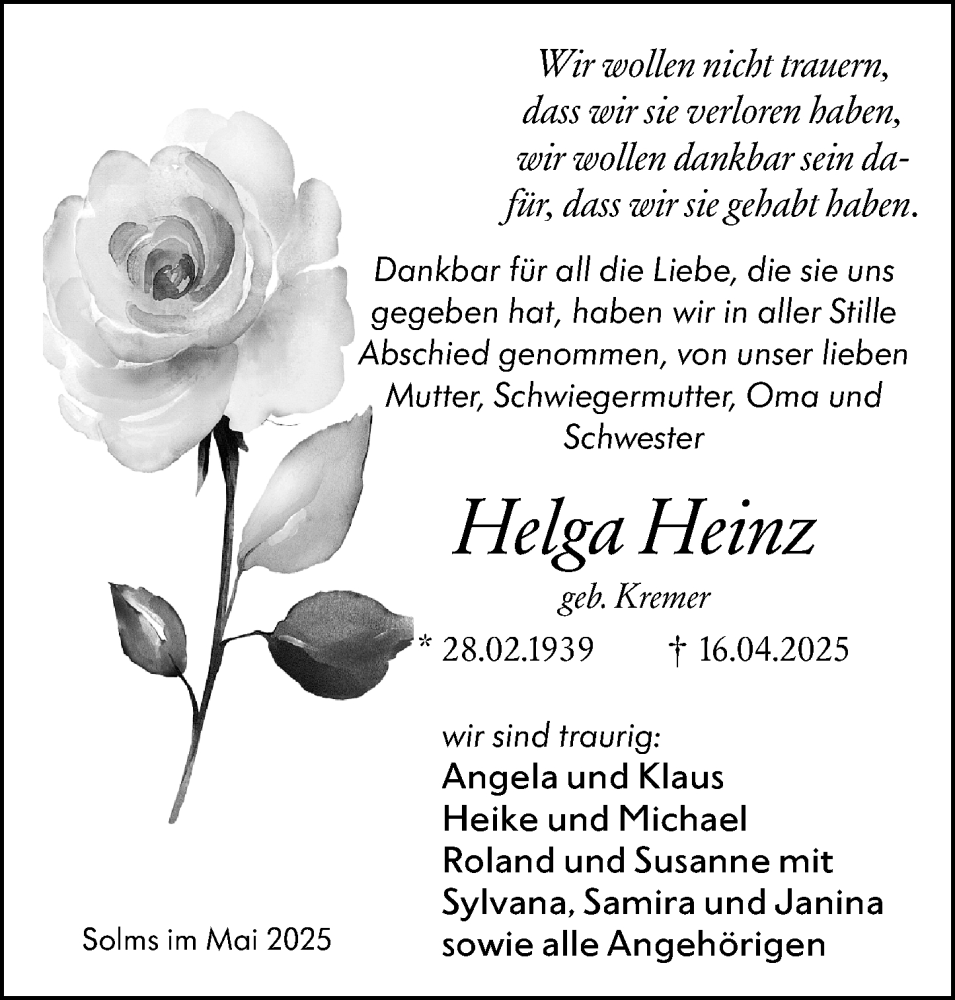  Traueranzeige für Helga Heinz vom 05.05.2025 aus Weilburger Tageblatt