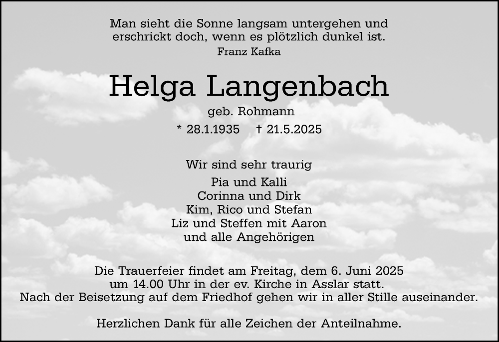  Traueranzeige für Helga Langenbach vom 31.05.2025 aus Wetzlarer Neue Zeitung