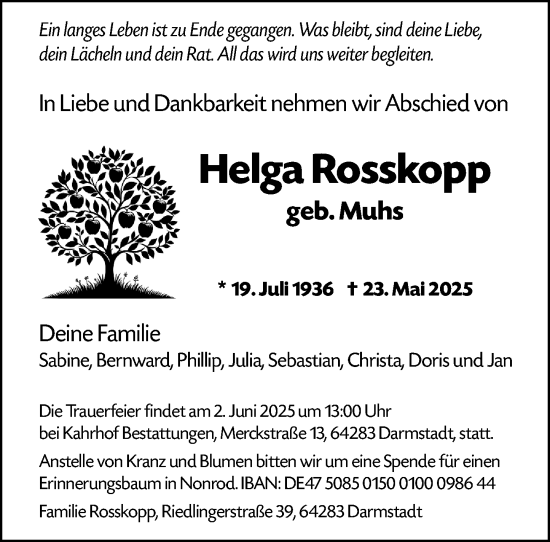 Traueranzeige von Helga Rosskopp von Darmstädter Echo