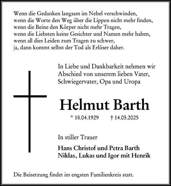 Traueranzeige von Helmut Barth von Wiesbadener Kurier