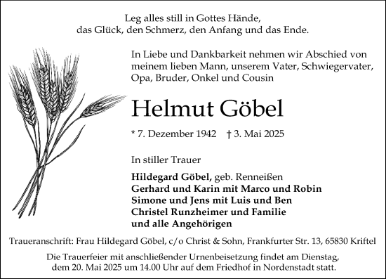 Traueranzeige von Helmut Göbel von Wiesbadener Kurier