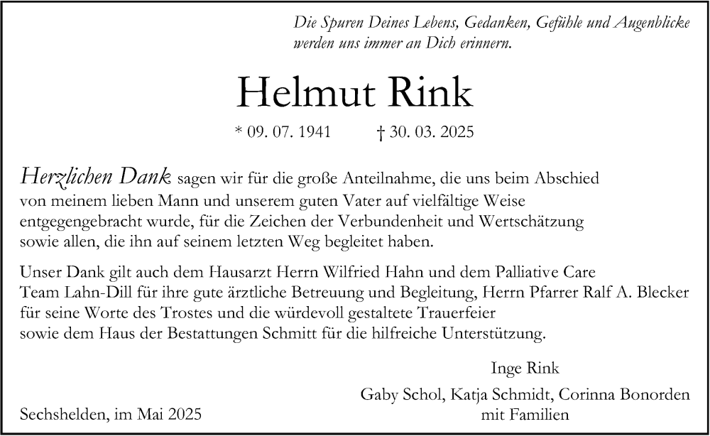  Traueranzeige für Helmut Rink vom 10.05.2025 aus Dill Block