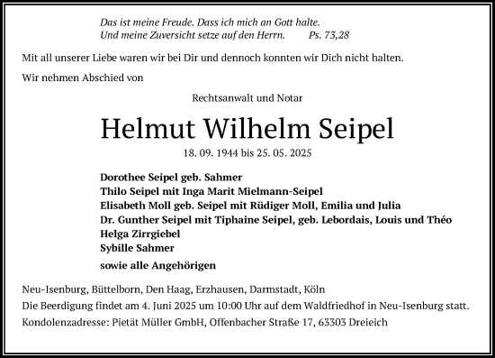 Traueranzeige von Helmut Wilhelm Seipel von Darmstädter Echo