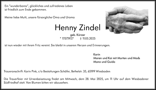 Traueranzeige von Henny Zindel von Wiesbadener Kurier