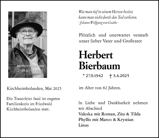 Traueranzeige von Herbert Bierbaum von Wormser Zeitung