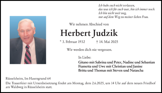 Traueranzeige von Herbert Judzik von Rüsselsheimer Echo