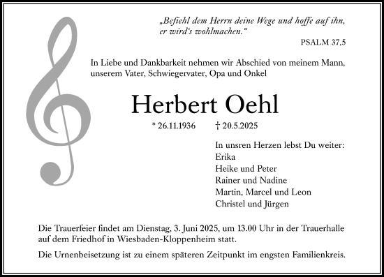 Traueranzeige von Herbert Oehl von Wiesbadener Kurier