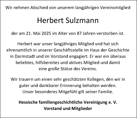 Traueranzeige von Herbert Sulzmann von Darmstädter Echo