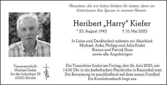 Traueranzeige von Heribert Kiefer von Wiesbadener Kurier