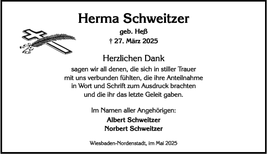 Traueranzeige von Herma Schweitzer von Wiesbadener Kurier