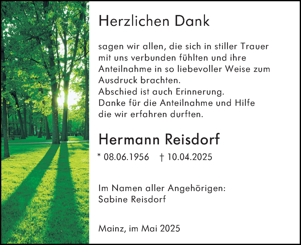  Traueranzeige für Hermann Reisdorf vom 10.05.2025 aus Allgemeine Zeitung Mainz