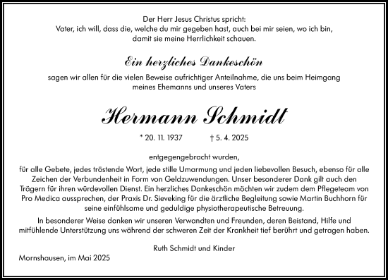 Traueranzeige von Hermann Schmidt von Hinterländer Anzeiger