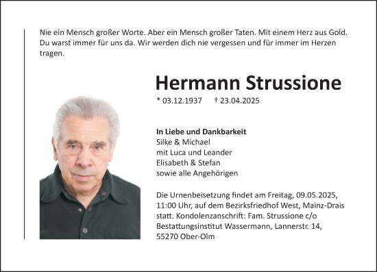 Traueranzeige von Hermann Strussione von Allgemeine Zeitung Mainz
