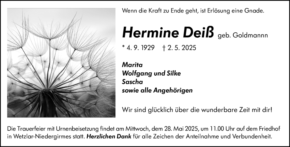  Traueranzeige für Hermine Deiß vom 24.05.2025 aus Wetzlarer Neue Zeitung