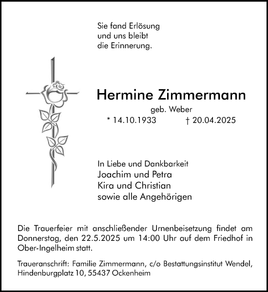 Traueranzeige von Hermine Zimmermann von Allgemeine Zeitung Rheinhessen-Nahe