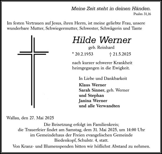 Traueranzeige von Hilde Werner von Hinterländer Anzeiger