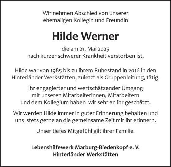 Traueranzeige von Hilde Werner von Hinterländer Anzeiger