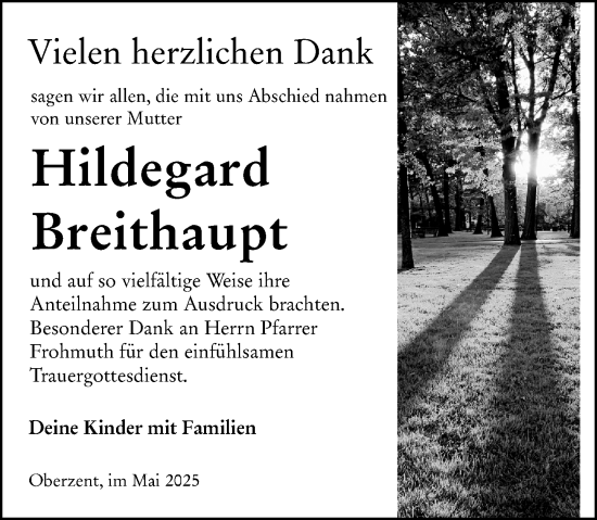 Traueranzeige von Hildegard Breithaupt von Odenwälder Echo