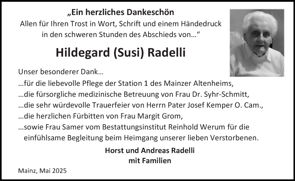  Traueranzeige für Hildegard Radelli vom 17.05.2025 aus Allgemeine Zeitung Mainz