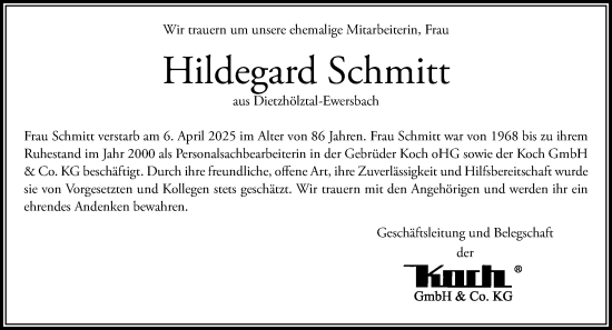 Traueranzeige von Hildegard Schmitt von Dill Block