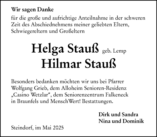 Traueranzeige von Hilmar Stauß von Wetzlarer Neue Zeitung