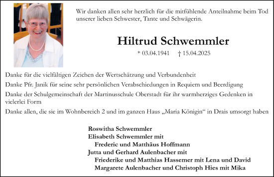 Traueranzeige von Hiltrud Schwemmler von Allgemeine Zeitung Mainz